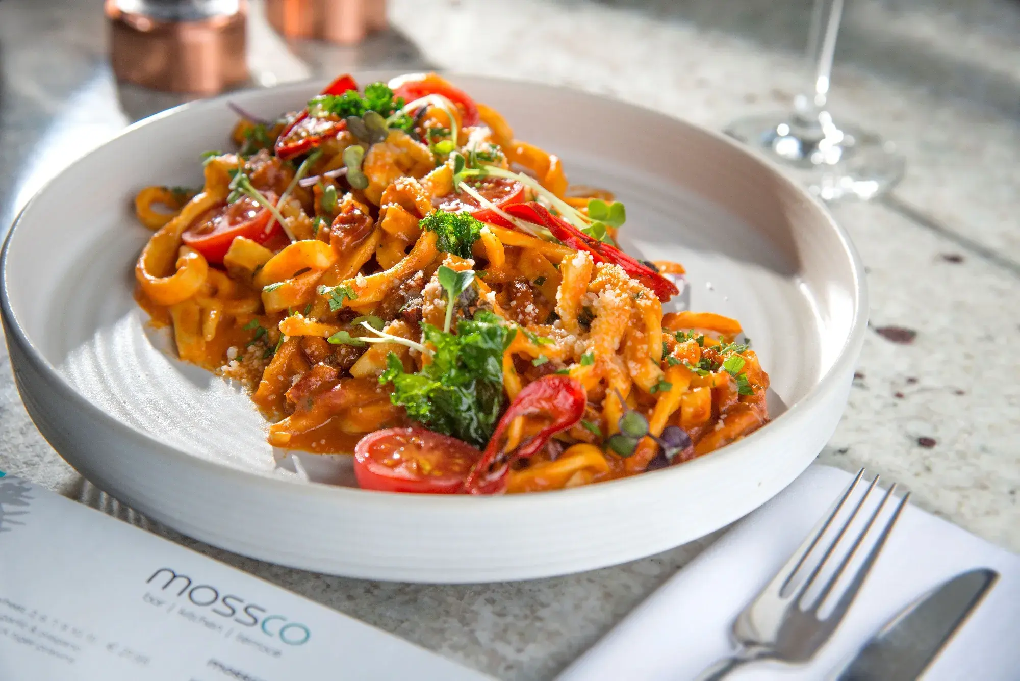 Spicy pasta dish at Mossco